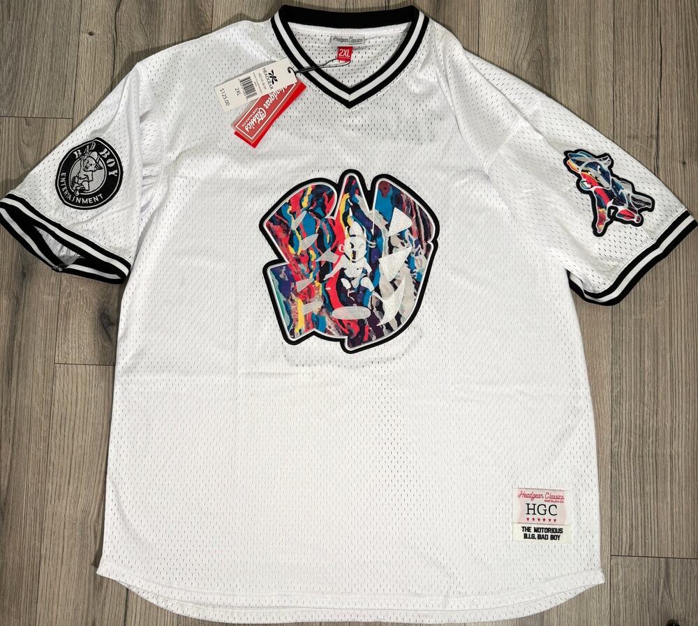 Headgear Classics Notorious B.I.G. Bad Boy Biggie Baseball Jersey White  Big 2XL